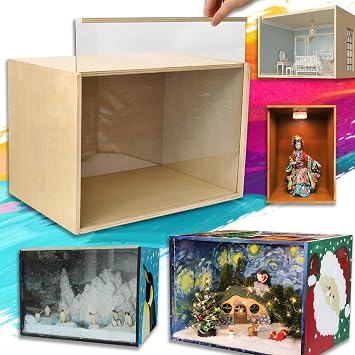 iLAND Diorama Box Wood Display Boxes for Figures Dollhouse 15.7x 11x11