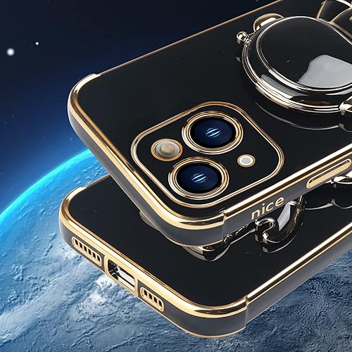 Miniatura 5 de Omio - Funda compatible con iPhone 15 con soporte oculto de astronauta, funda de lujo chapado en corazón con borde lateral, pequeño patrón de amor