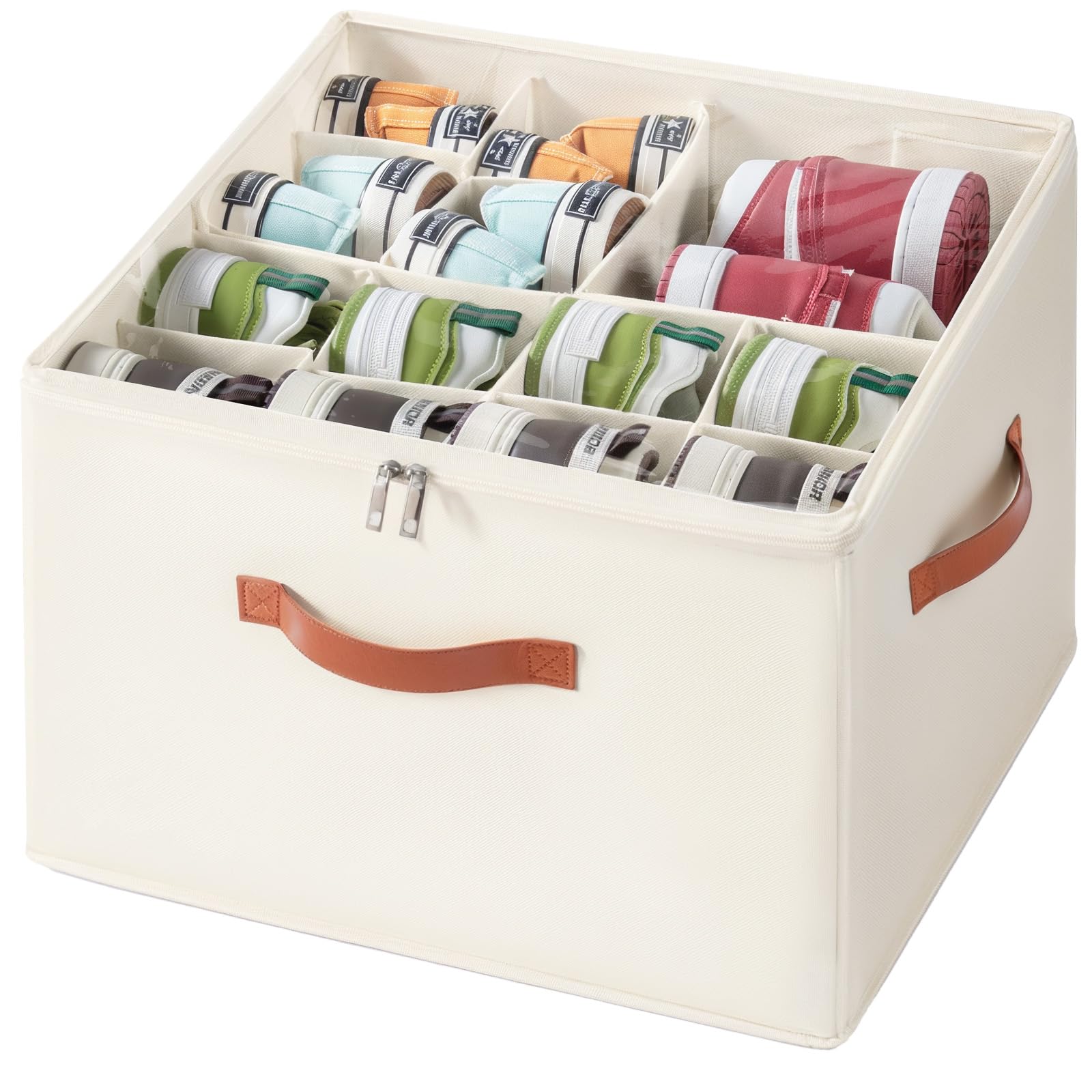 Corkovia Organizador de Zapatos Ajustable para Armario, Cajas Almacenaje Zapatos de Tela con Cubierta Transparente, Shoe Organizer Plegable con 3 Asas, Guarda Zapatos Apta para 8-16 Pares, Beige