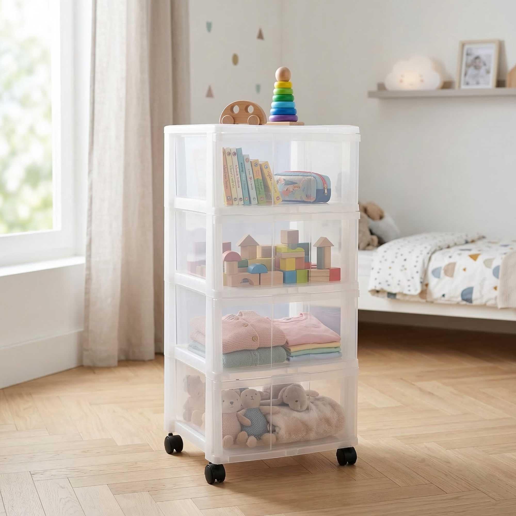 Sundis Modulo, cassettiera plastica con Ruote, 4 cassetti, Altezza 85 cm | Trasparenti, facile da spostare, ideale per l'archiviazione in ufficio, lezioni, documenti, materiale di consumo
