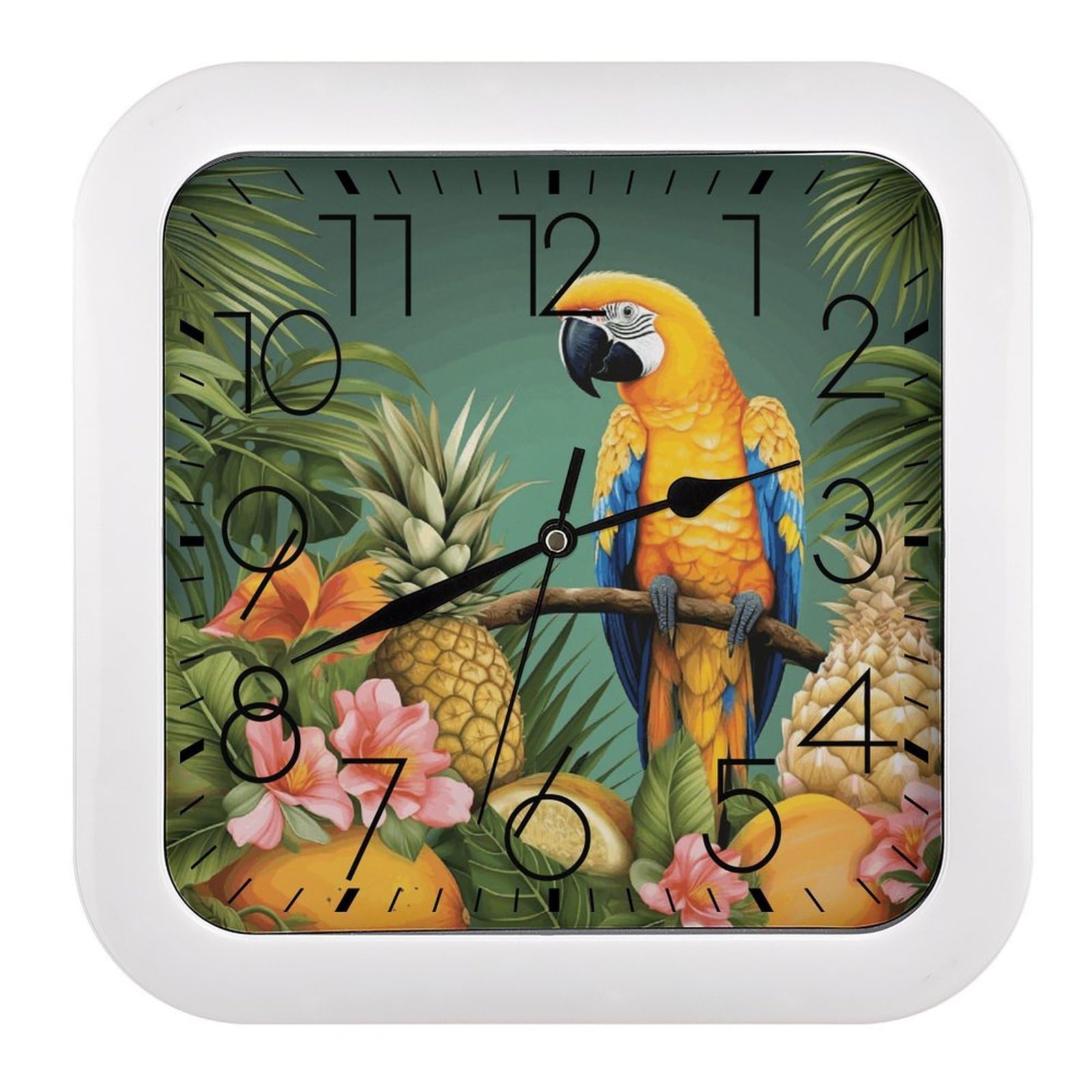 FekiLoot Summer Parrot Pineapple Bird Wall Clock 10.2" Modern Farmhouse Square Clocks Silent No Ticking, Wall Art and Timepiece Clock for Shelf Table Mantel Or Bedside Clocks