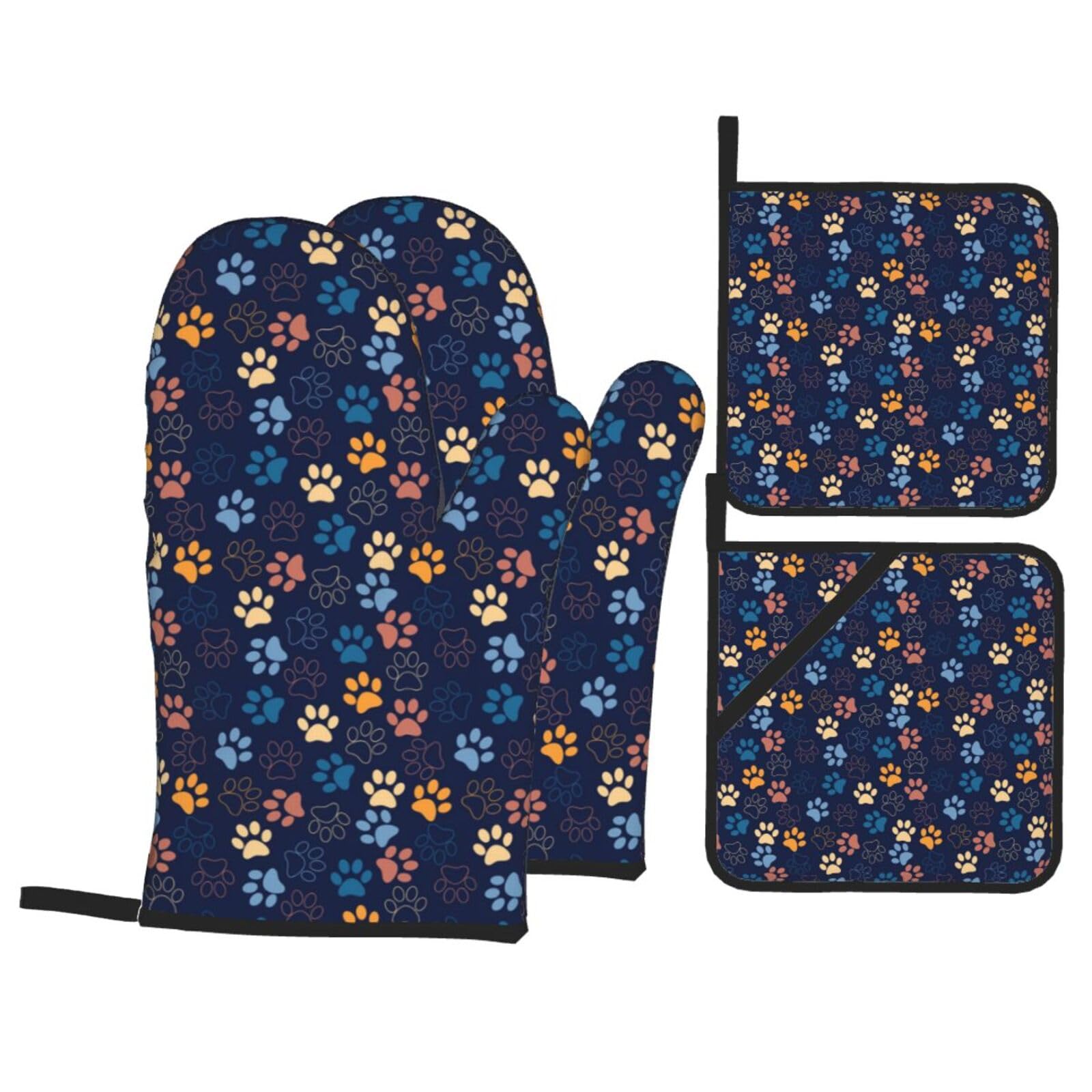 Cute Dog Paw Print Stylish Heat-Resistant Oven 4-Piece Set Kitchen Gloves Roasting Daily Cooking