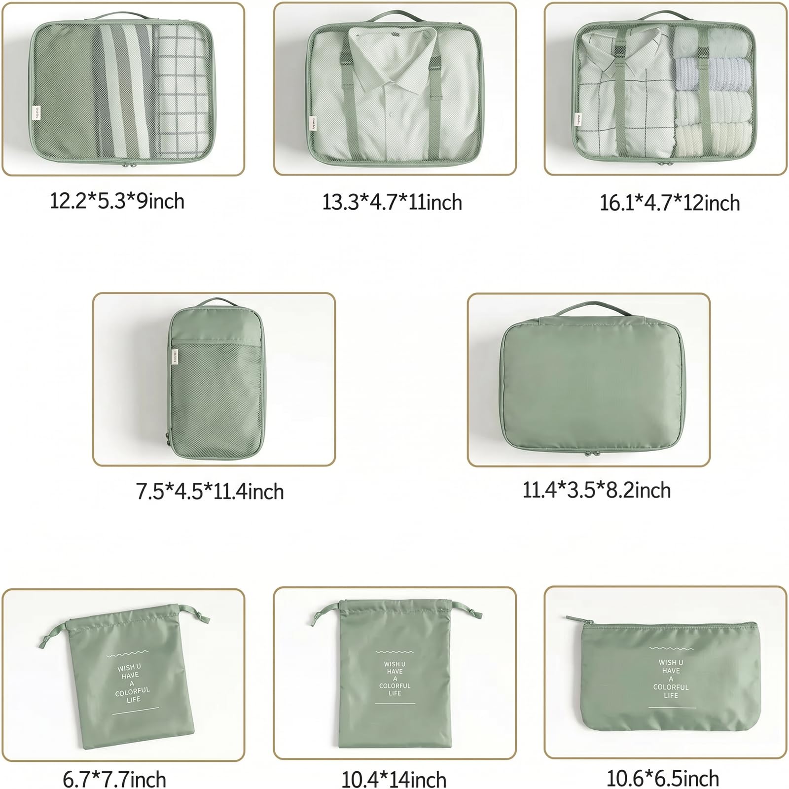 LANSKLBD 6/8 Set Packing Cubes for Suitcases Travel Luggage Packing Organizers,Travel Accessories Essentials Luggage Organizer with Shoe/Tioletry/Laundry Bag (Matcha Green, 8 set) view 7