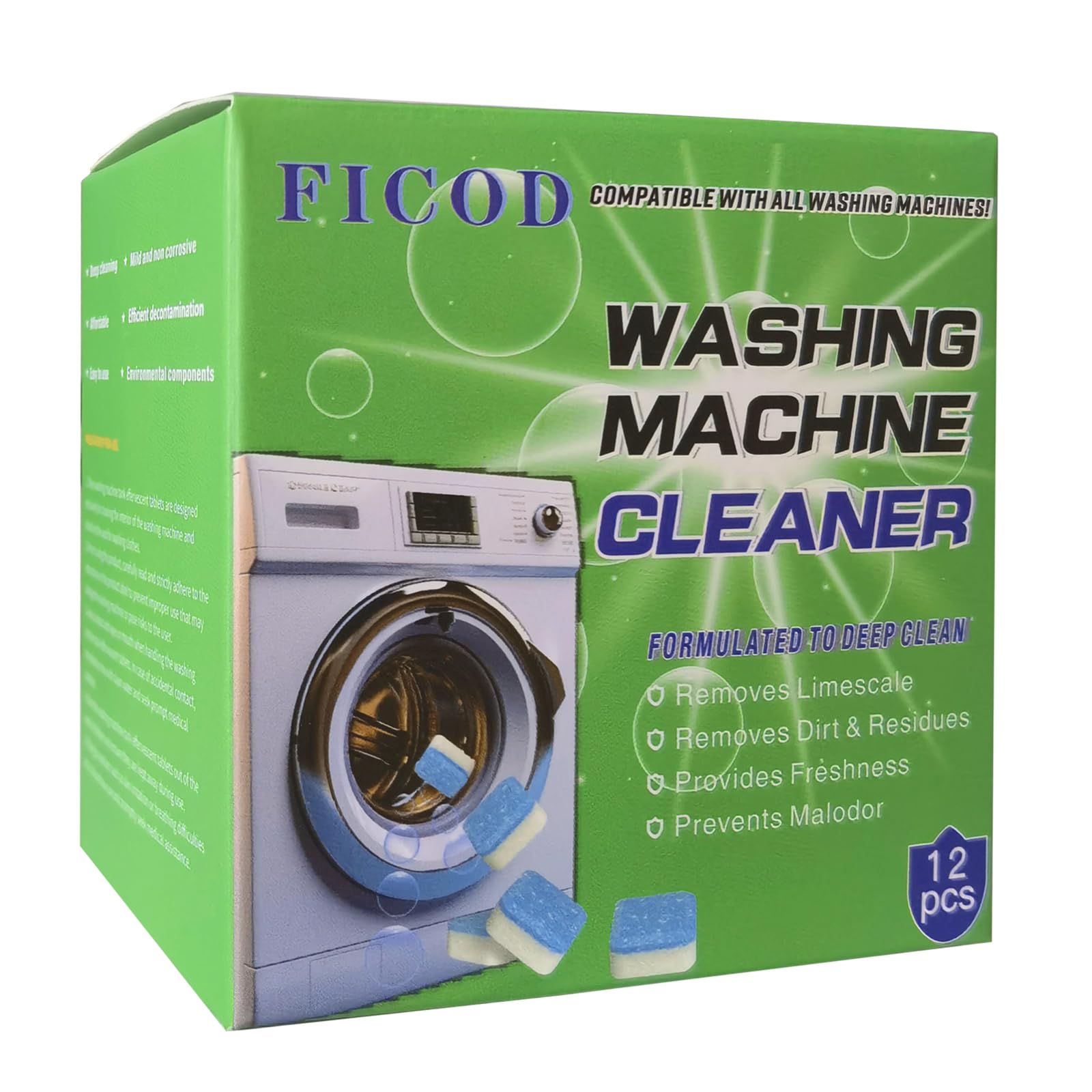 Washing Machine Cleaner Tablets 12 pack,Deep Cleaning Laundry Washer Drum and Tub，Removes Limescale & Residues,Provides Freshness,Prevents Malodor