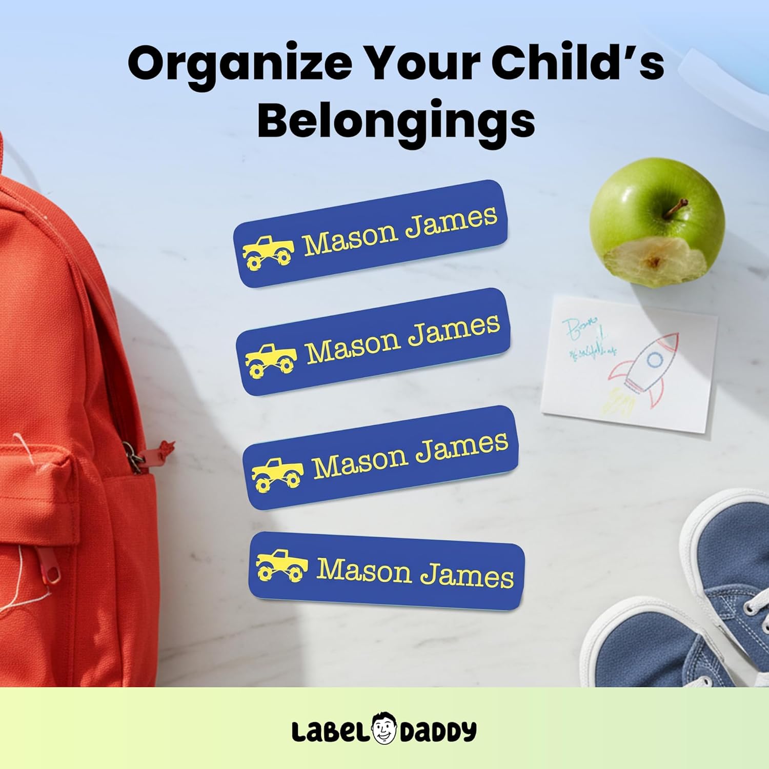 Label Daddy Personalized Waterproof Name Labels for Boys – Custom Kid's Labels for School & Camp – No Iron Needed – Durable for Bottles, Backpacks, Shoes & More – 80 Ct or 160 Ct | Truck Design