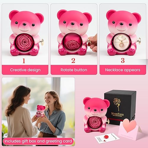 Miniatura 4 de Oso de Peluche Lindo con Rosa Preservada y Collar, Regalos Elegantes de Oso con Rosas con Caja de Joyería Oculta para Mujeres, Novia, Esposa, Rosa