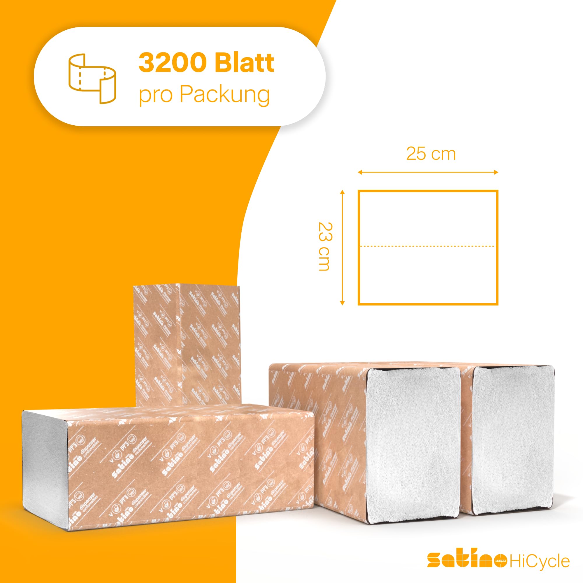 Satino – 3.200 Papierhandtücher – 2 lagig – 25 x 23 cm (gefaltet: 25 x 11,5 cm) – ZZ-Falz/V-Falz - saugstark & fusselfrei - Handtuchpapier aus Recyclingpapier - Papiertücher für PT3 & H3 – Papier