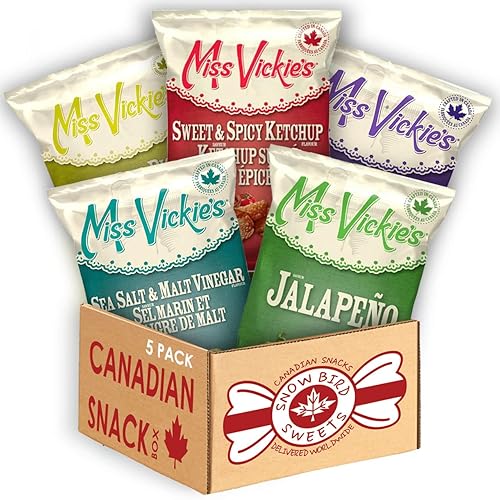 Más de 2 libras de chips Miss Vickies (5 unidades) paquete variado Importado de Canadá Ketchup, jalapeño, pepinillo de eneldo, sal marina y