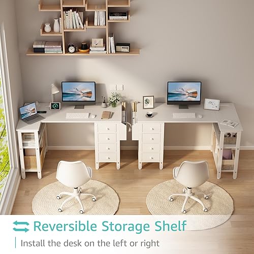 Miniatura 4 de Lufeiya Escritorio blanco en forma de L para computadora con cajones y estantes de almacenamiento, escritorio de esquina de 47 pulgadas con toma de
