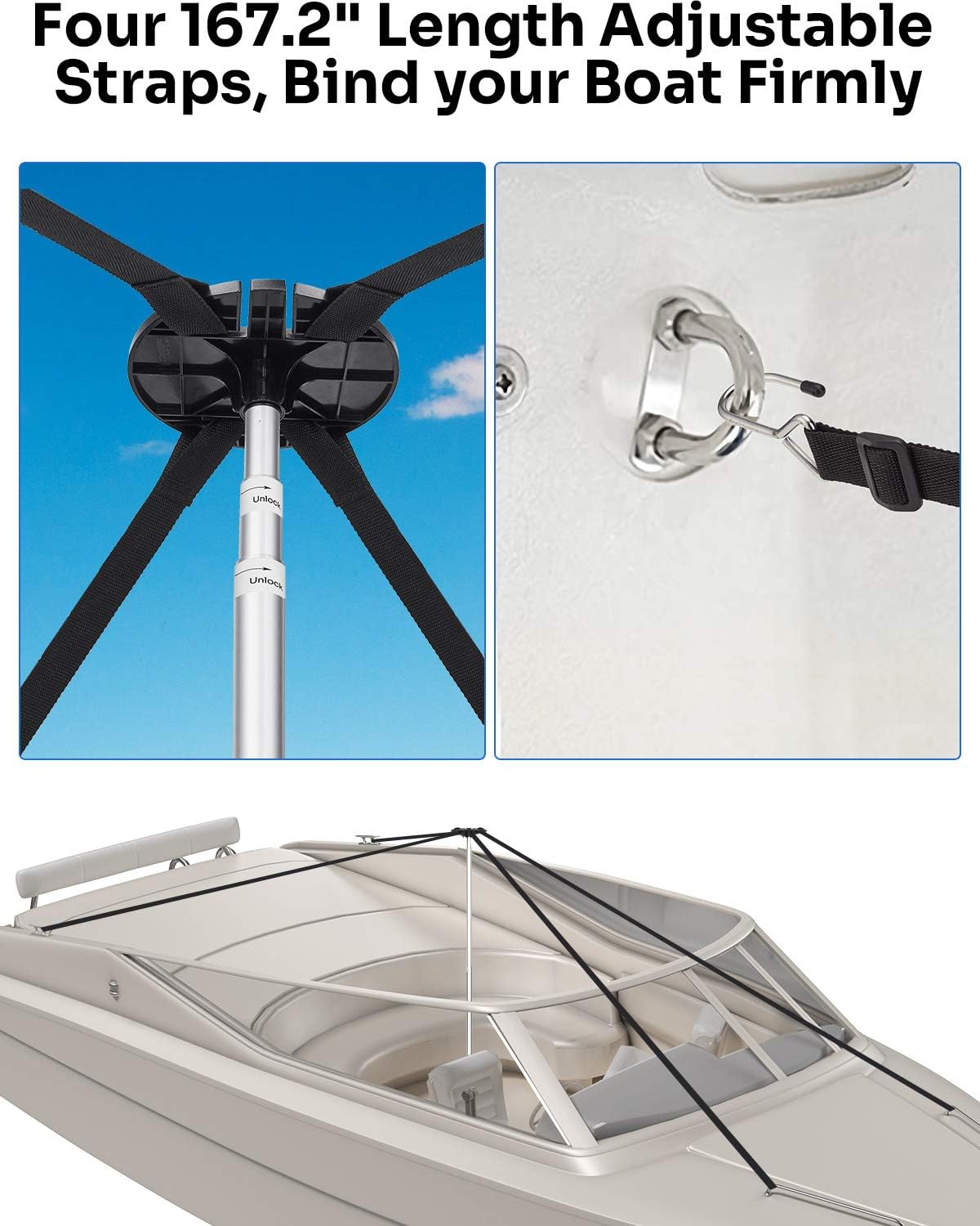 kemimoto Boat Cover Support Pole, Boat Support Poles System with Height Adjustable, Telescoping Pole Boat Cover Poles for Pontoon Boat Accessories - Four Webbing Straps Included