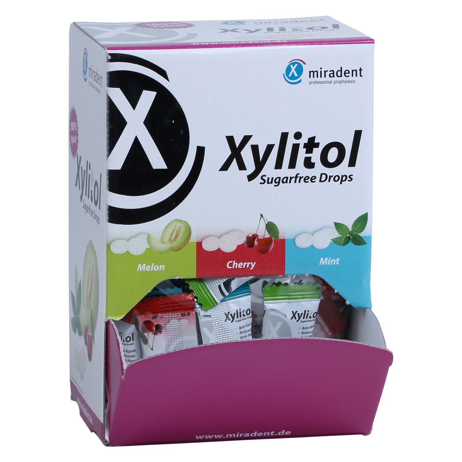 miradent Xylitol Drops Schüttbox 100 St. | 3 Geschmacksrichtungen | vegane Xylit Zahnpflege Lutschbonbons für Kinder & Erwachsene | zuckerfrei