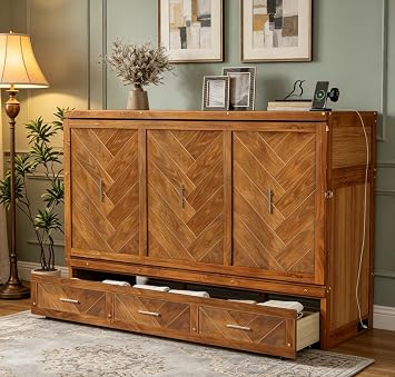 Bellemave Queen Murphy Bed with Charging Station and Storage, Farmhouse Murphy Bed with Foldable Panel for Guest Bedroom, Living Room, Office, Walnut