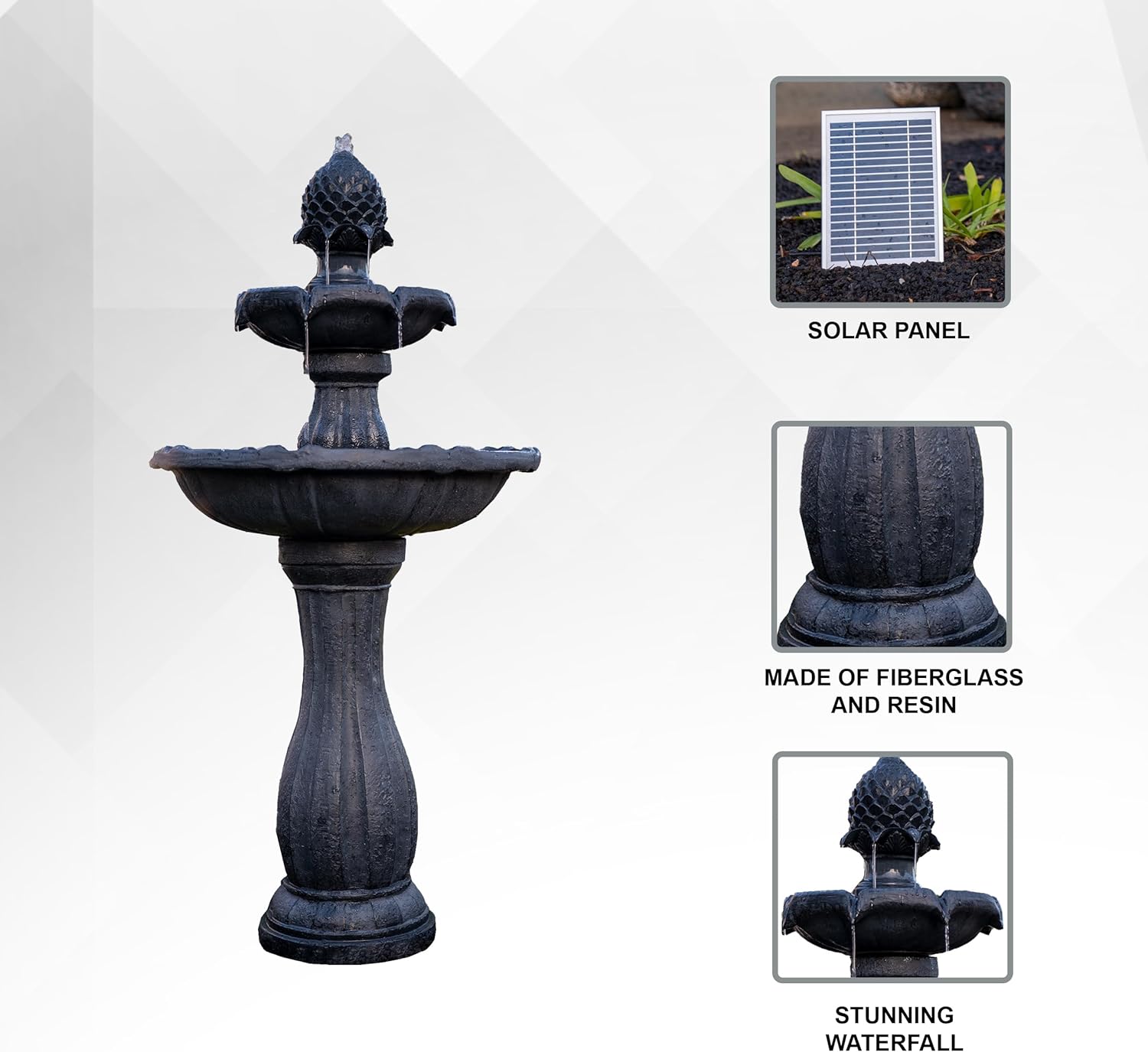XBrand 44" Solar Powered 2-Tier Outdoor Water Fountain, Fiberglass Resin Fountain with Auto Shut-Off Pump, Black