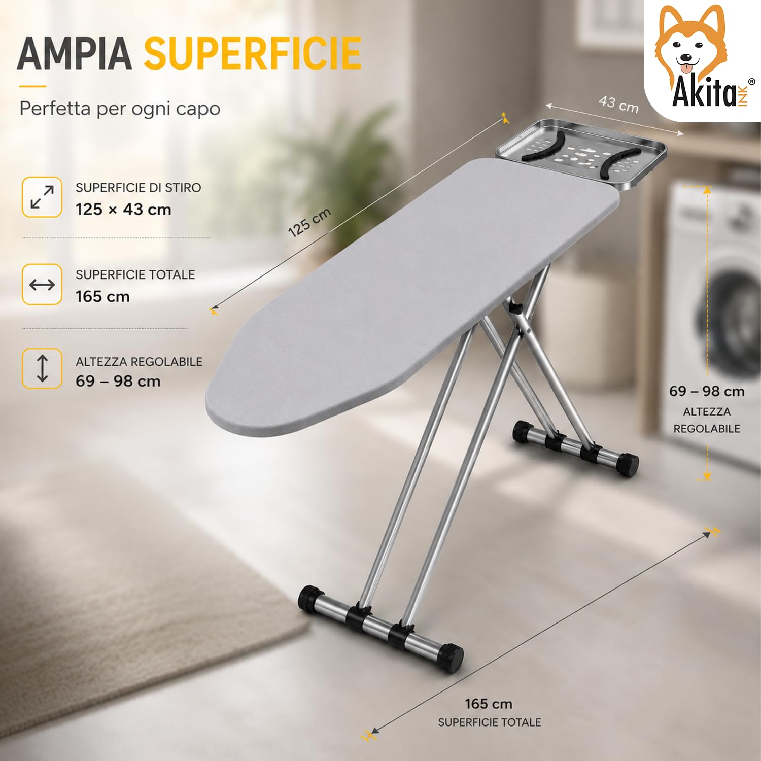 AkitaInk Asse da Stiro con Presa Integrata 125x43 cm, Tavolo da Stiro Pieghevole in Acciaio con Altezza Regolabile, Poggiaferro e Piedini Antiscivolo