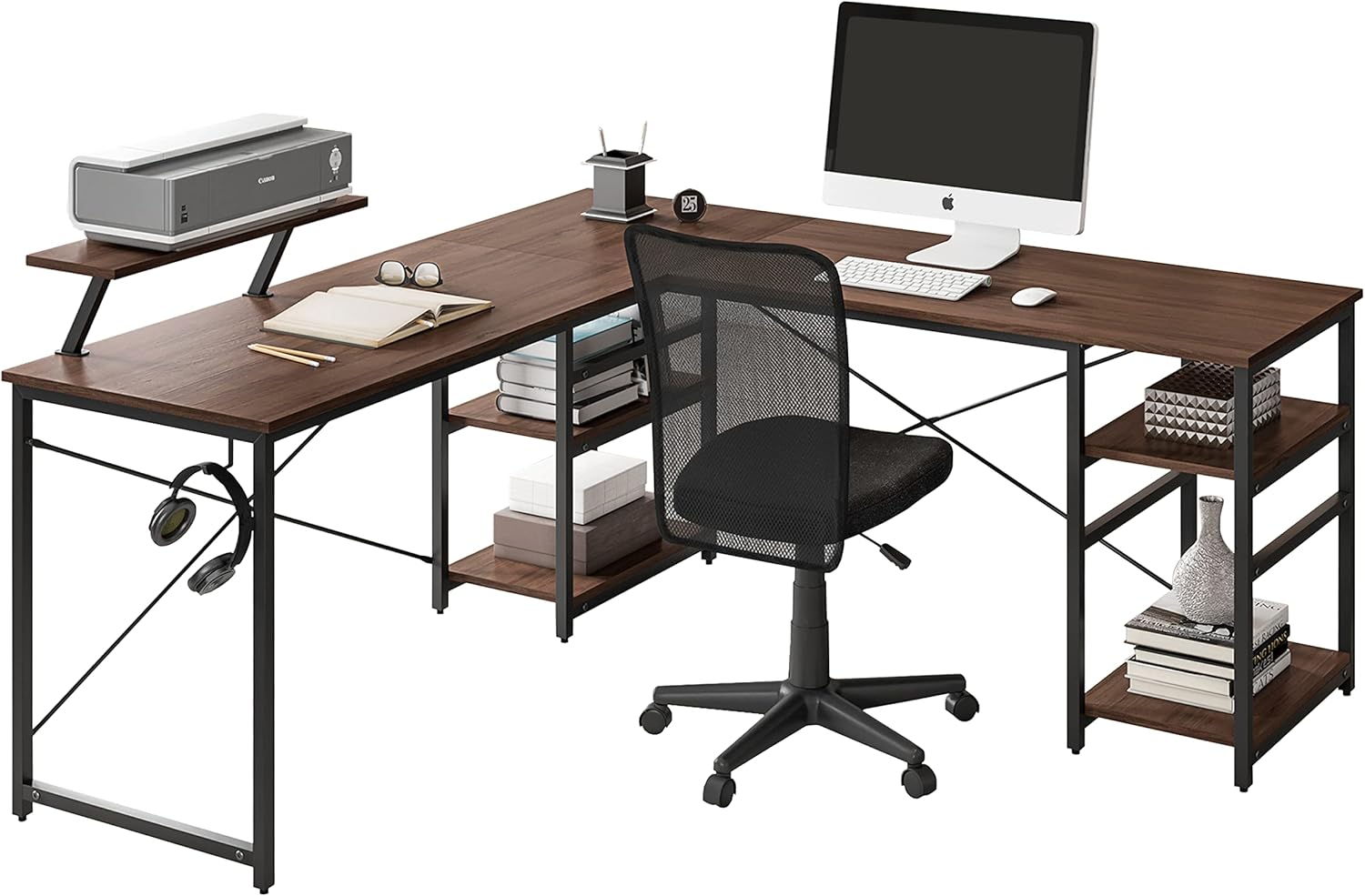 Techni Mobili Office Desk - Reversible L Shaped Desk with Storage Shelves, Monitor Stand & Accessory Holder - Ergonomic & Industrial Workstation Corner Table with Durable Steel Frame, Walnut