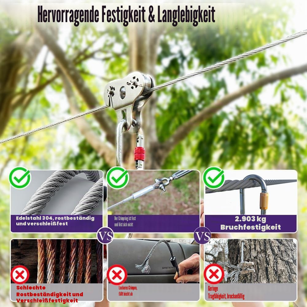 Edelstahldrahtseil Ø 6mm, 7,6 Meter Drahtseil Edelstahl, 7x19 Litzenkern, 304 Edelstahl Stahlseil mit Ösen, 2900kg Bruchfestigkeit