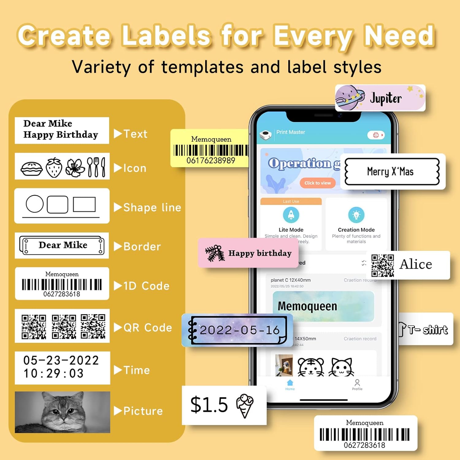 Phomemo D30 Print Master app interface showing various label creation options like text, icon, border, 1D code, QR code, time, and picture.