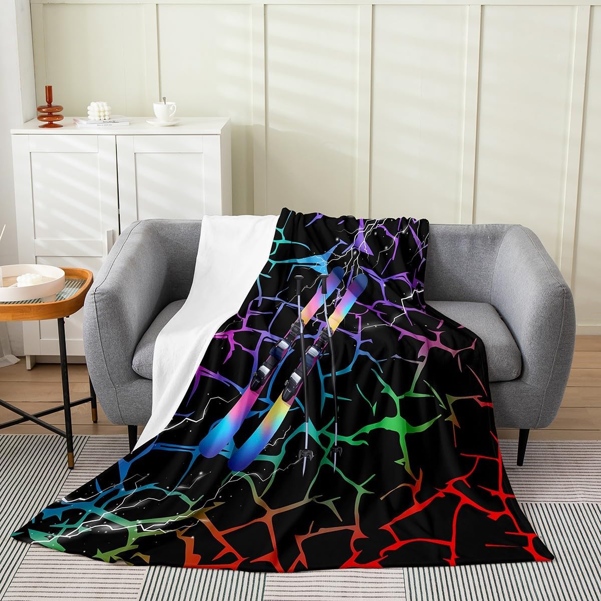 Erosebridal Skull Skeleton Blanket Twin 60x80, Abstract Geometric Luxury Soft Kids Boys Throw Blanket, Ombre Colorful Printed Fleece Blanket for Sofa Couch Bed, Black Purple Modern Art Fuzzy Blanket