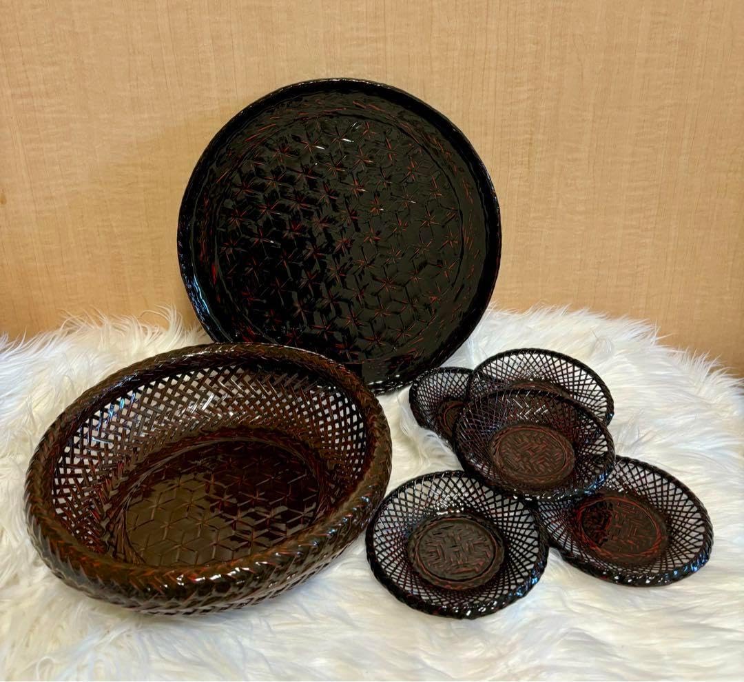 籃胎漆器 お盆 果物籠/菓子器 茶托 5枚 おしぼり受け 5個 計12