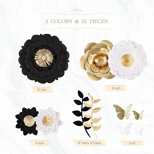 Miniatura 7 de Fonder Mols Decoraciones de flores de papel 3D (juego de 13, oro negro blanco), flores de papel gigantes para telón de fondo de boda, fiesta de