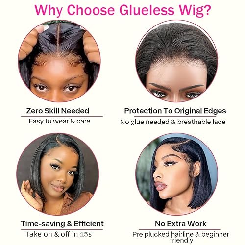 Miniatura 4 de PNEX Peluca de cabello humano Bob de 10 pulgadas, pelucas de encaje frontal HD de 13 x 4 pulgadas, cabello humano prearrancado, densidad del 180 %,