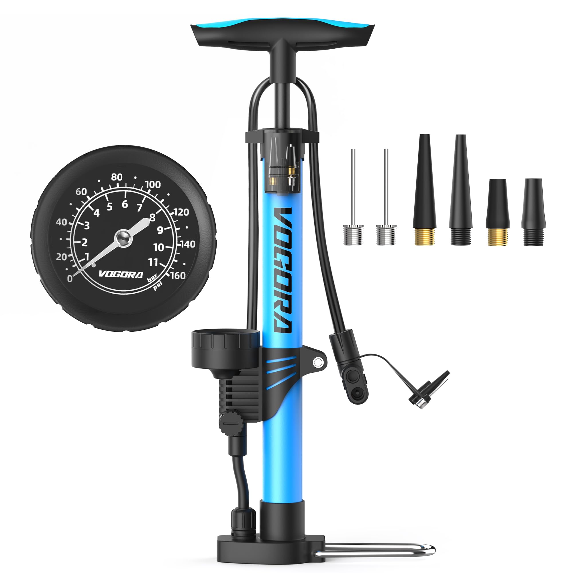 VOGORA Bike Pump with Pressure Gauge, Bicycle Pump with Presta & Schrader Valves Bike Pump for all Bikes, Foot Pump for Car Tyres, Road Mountain Bikes & Balls — image 1
