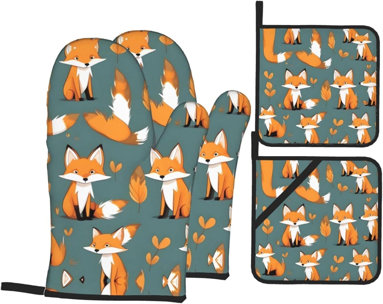 Yellow fox Oven gloves and heat-resistant mat 4-piece set. Suitable for grilling, microwave oven frying, and baking