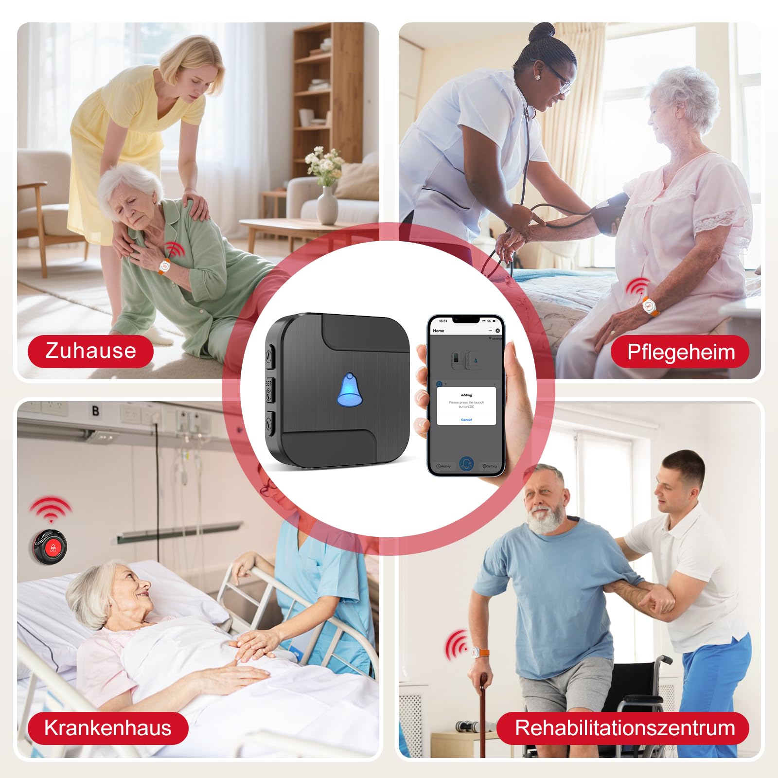 CallToU WiFi Tuya Smart Notfallknopf für Senioren,tragbares Notfallarmband Notrufknopf für Senioren,Hausnotruf mit 1 Notfallknopf,1 Armband,1 Empfänger für Senioren,Behinderte,Kinder