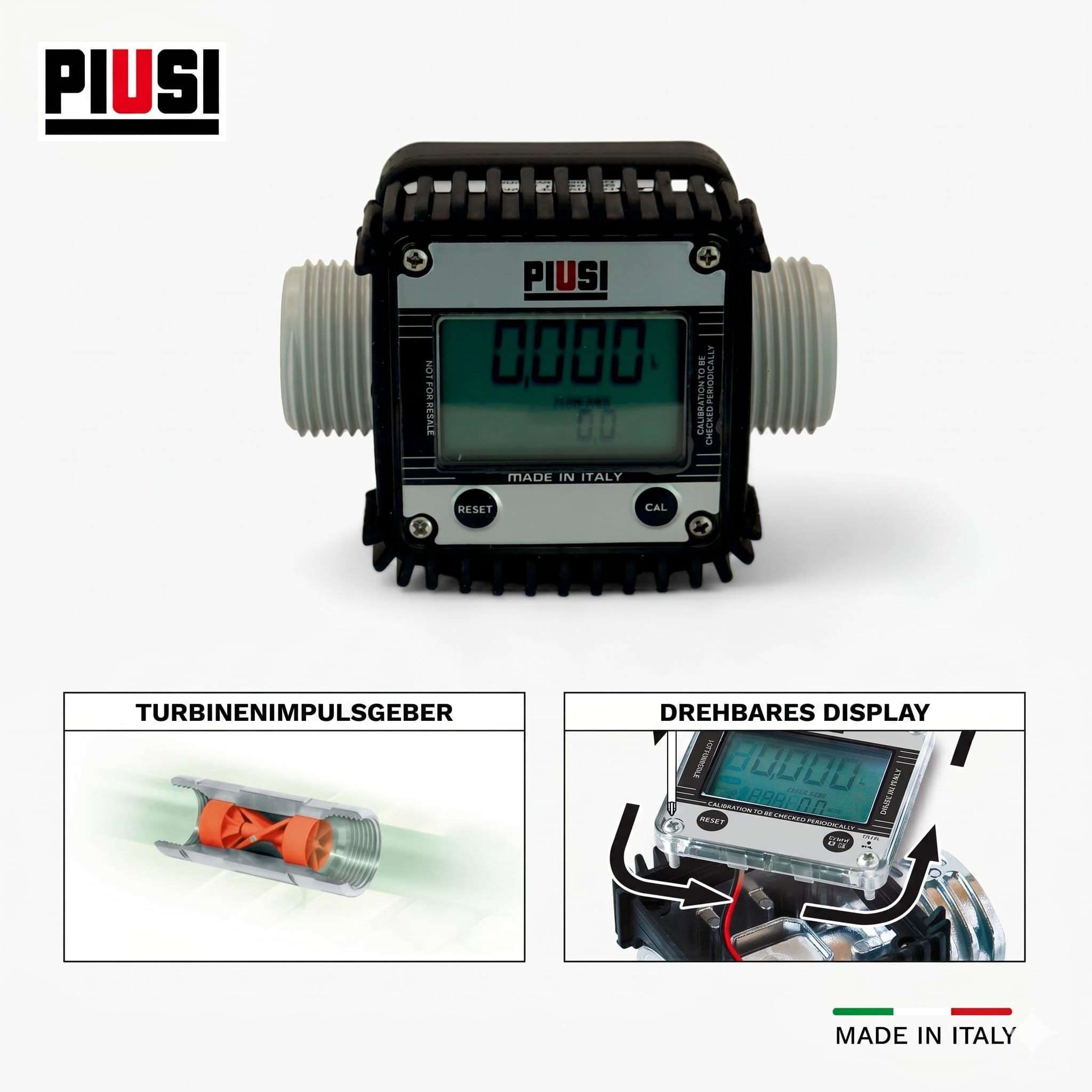 Piusi Digitales Turbinen-Durchflussmessgerät für Adblue/Wasser mit Anzeige für Durchflussraten bis zu 120 l/min, Druck 10 bar, Anschluss M/F 1” BSP und 4-Richtungen drehbares Display | K24 F0040710A