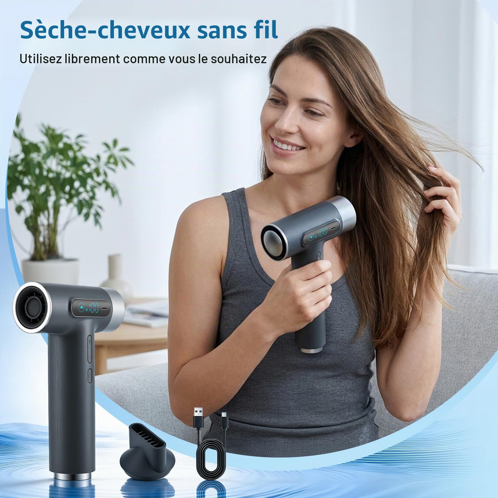 Sèche-cheveux sans fil 27000mAh, 100 vitesses, Moteur 100 000 tr/min, Autonomie géante, Charge rapide USB-C 18W, Voyage Camping Maison