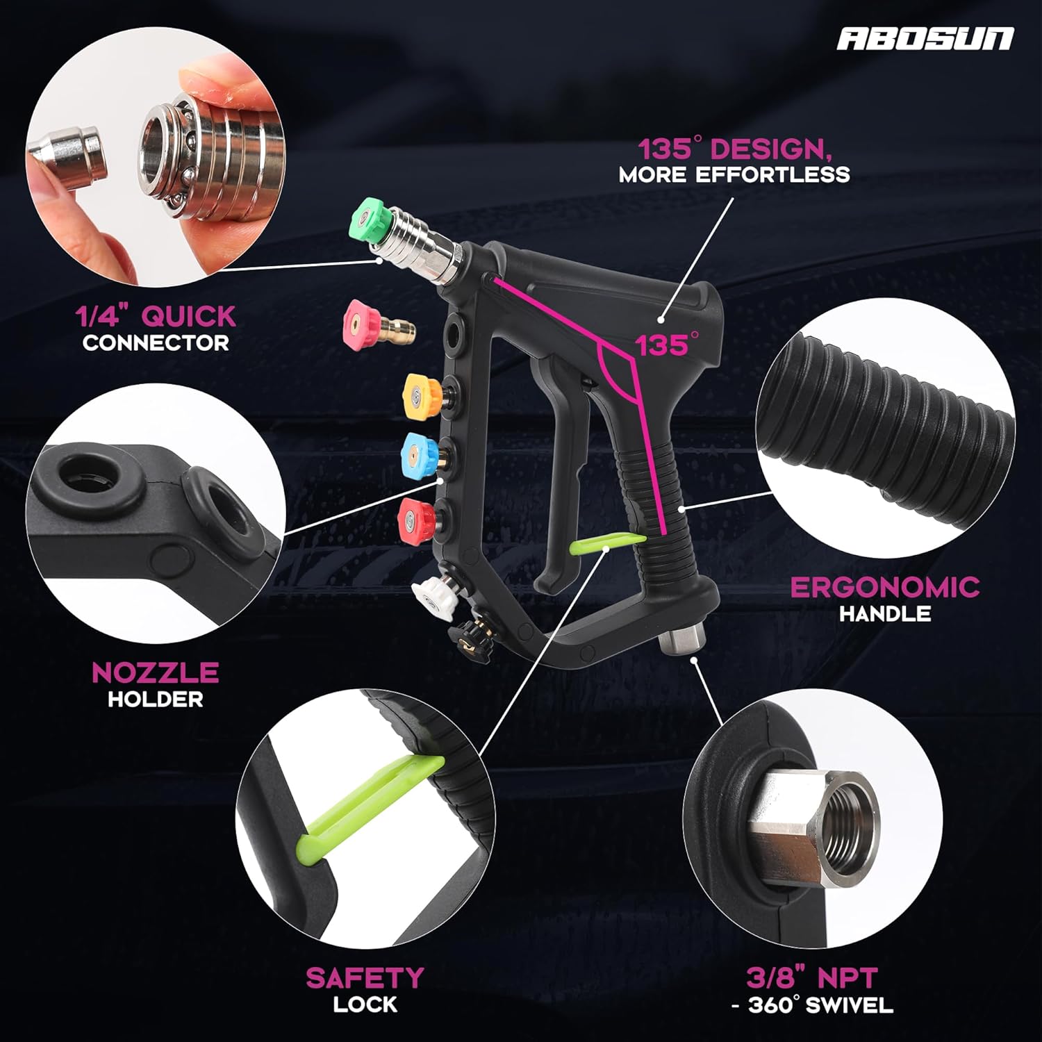 Short Pressure Washer Gun with Swivel, 4350 PSI Power Washer Trigger Gun, 3/8" Quick Connect, M22-14mm and M22-15mm Adapters, 7 Spray Nozzle Tips, Safety Lock for Car Wash and Cleaning