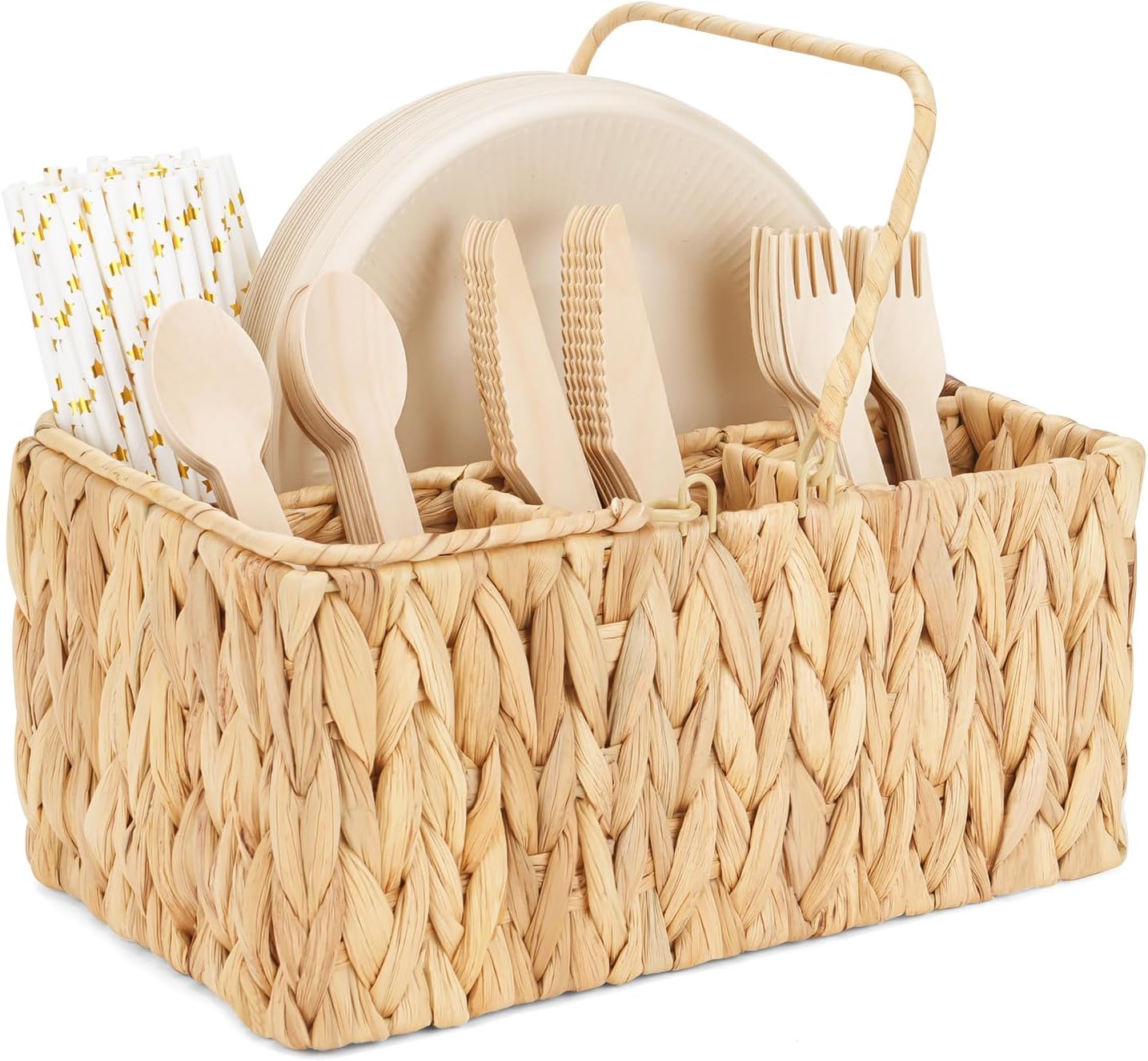 Water Hyacinth Utensil Caddy with Handle, 4 Compartments Woven Cutlery Organizer, Portable Flatware Holder for Outdoor Picnic, BBQ, Camping, Kitchen Counter & Party Table