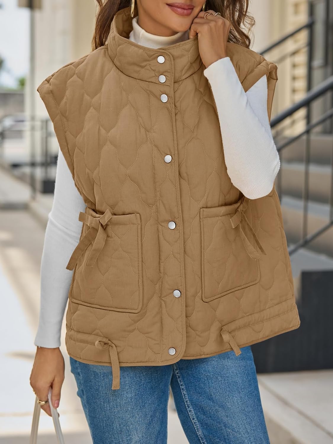 Cicy Bell Womens Puffer Quilted Vest Lightweight Stand Collar Cap Sleeve Jackets Button Down Padded Gilet Winter Outerwear - Image 4