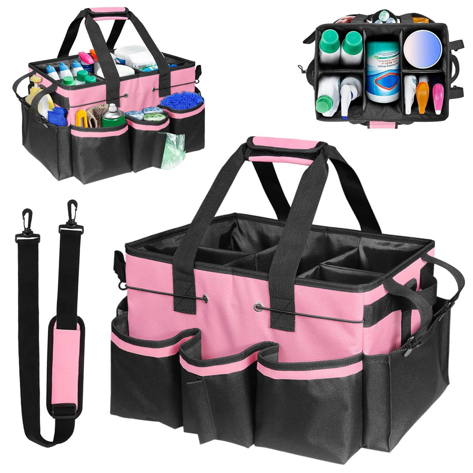 Cleaning Caddy Bag, Large Professional Organiser for Cleaning Supplies with Detachable Dividers & Adjustable Strap, Carry-On Cleaning Tote Bag for Cleaners & Housekeepers, Home, Car, Garden (Pink)