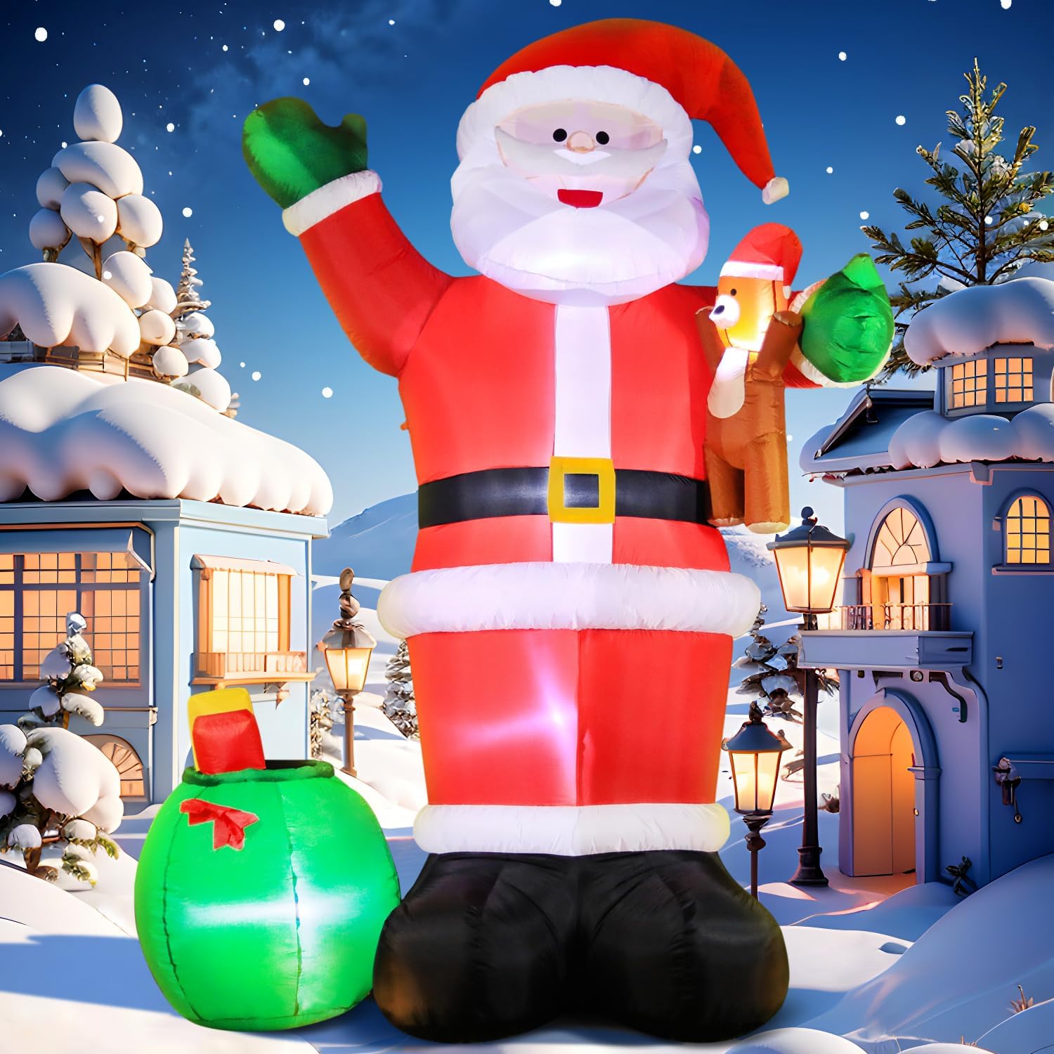 DomKom 12 FT Huge Christmas Inflatable Outdoor Decoration Santa Claus Carry Gift Bag and Bear, LED Lights Holiday Blow Up Yard Decoration for Holiday Party Garden Yard Lawn Winter Decor