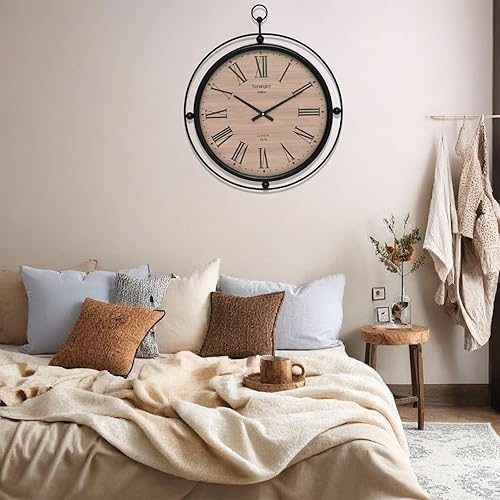 Miniatura 7 de Reloj de pared de madera de 24 pulgadas con números romanos, marco de metal negro y cubierta de cristal, elegante decoración del hogar, movimiento
