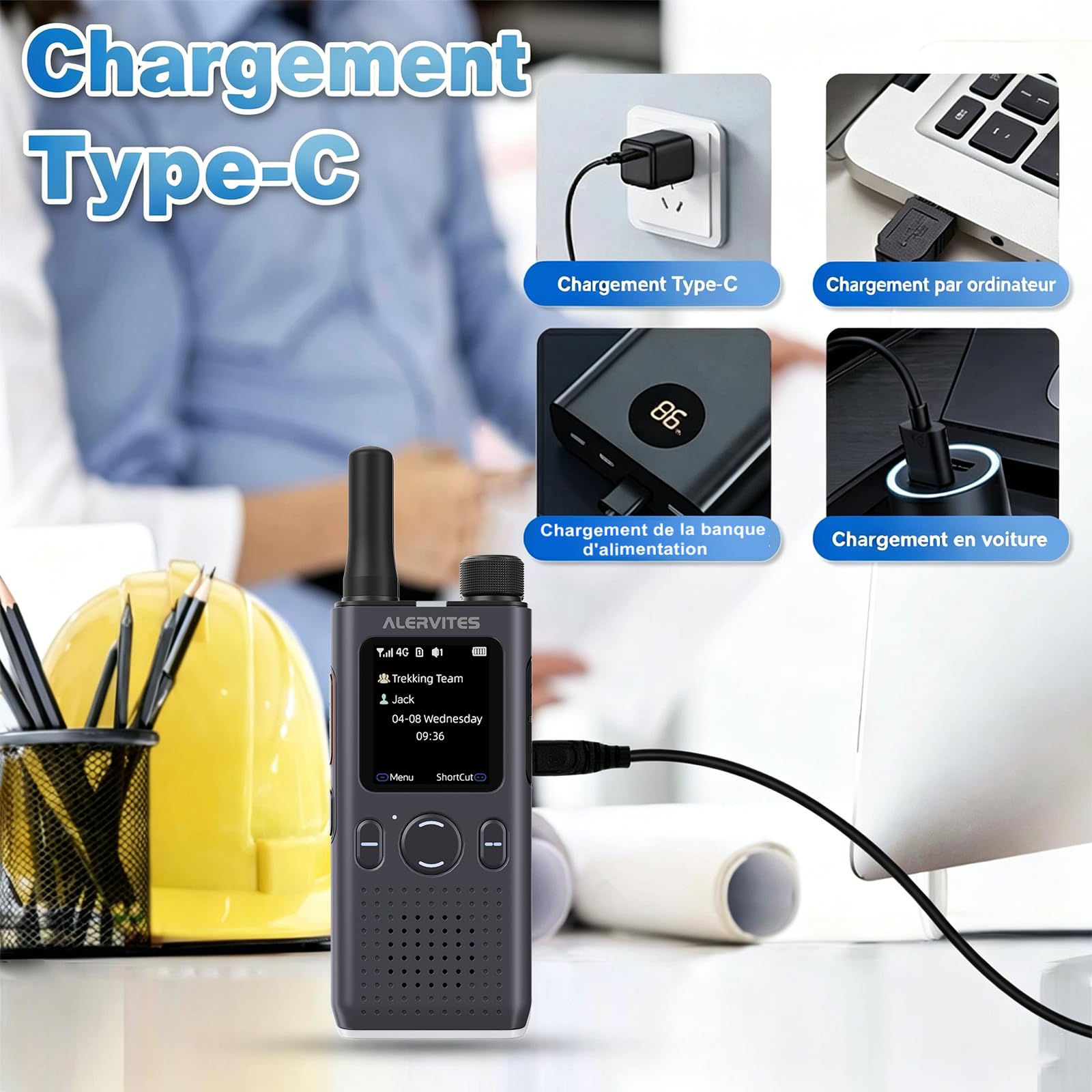 POC-AT1 Talkie Walkie Nationwide 4G/5G Network Radio No Distance Limit Ola APP Setting Long Range POC Two Way Type-C Charge Rapide pour entrepôt extérieur (Gris)