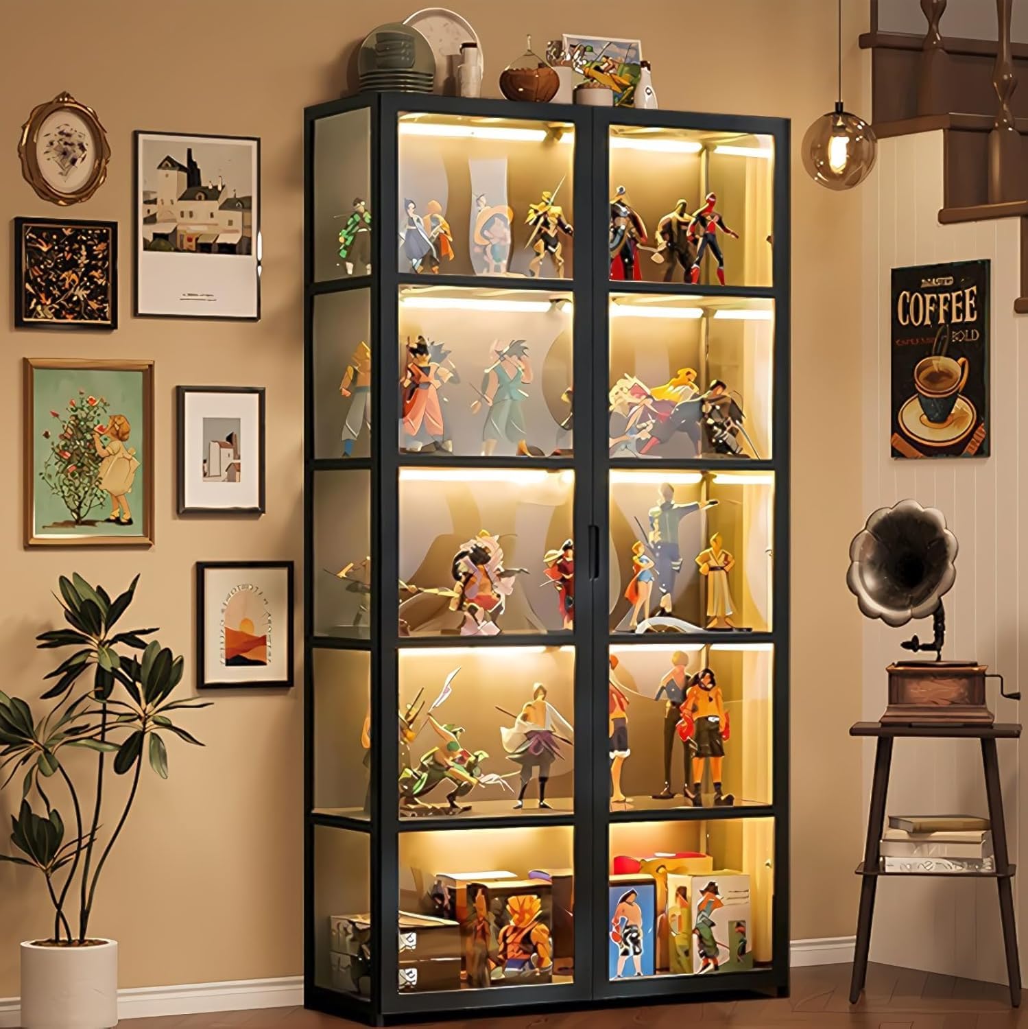 Vitrina de 5 pisos de pie, armarios Curio, estantería con puertas, puertas acrílicas transparentes, vitrina de coleccionista para sala de estar, oficina, libros, sala de juegos (Doble puerta negra)