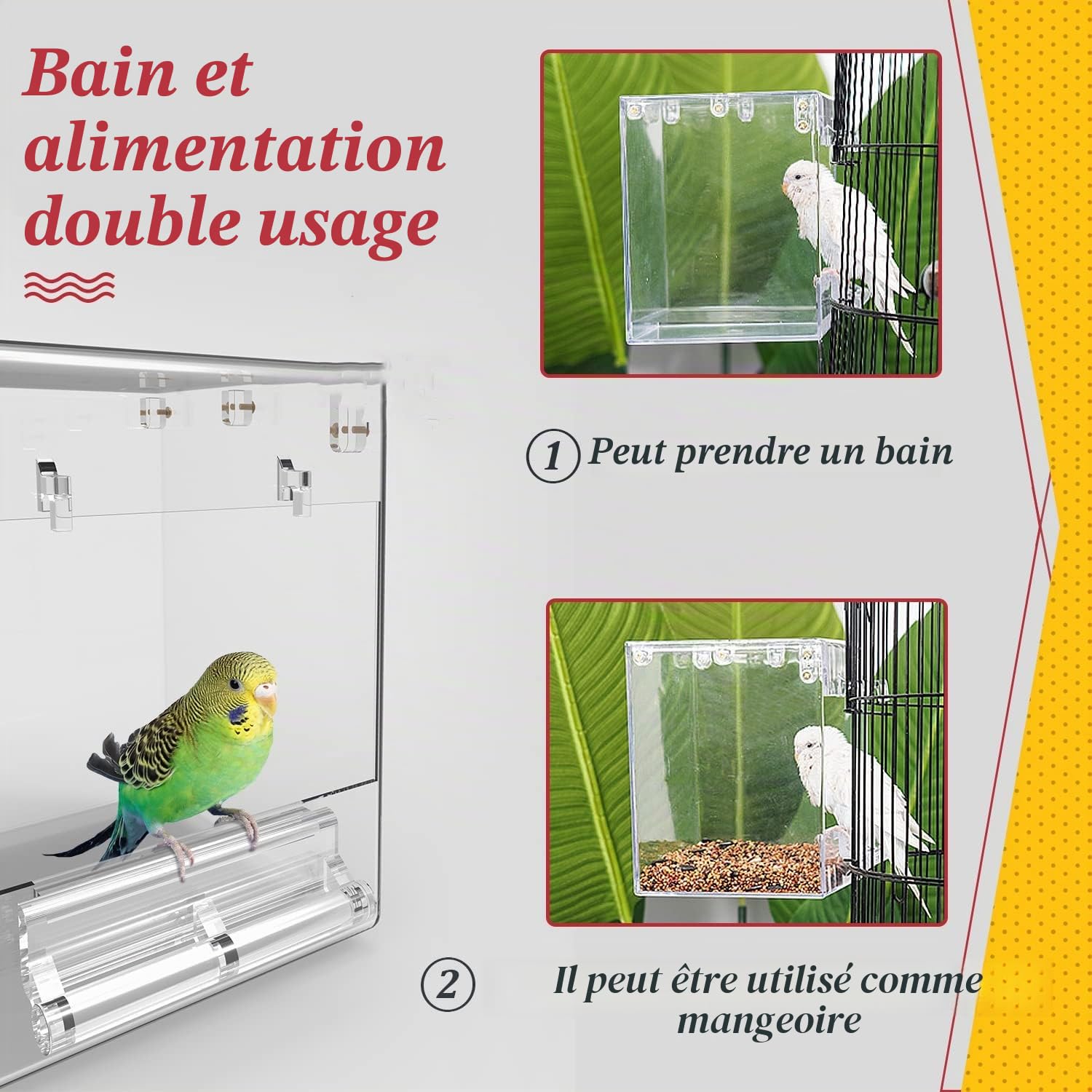 Baignoire pour Oiseaux, bac de Bain pour Oiseaux, boîte de Bain Transparente pour Petits Oiseaux, (boîte de Bain pour Oiseaux sans Fuite + 6 Jouets pour Oiseaux)