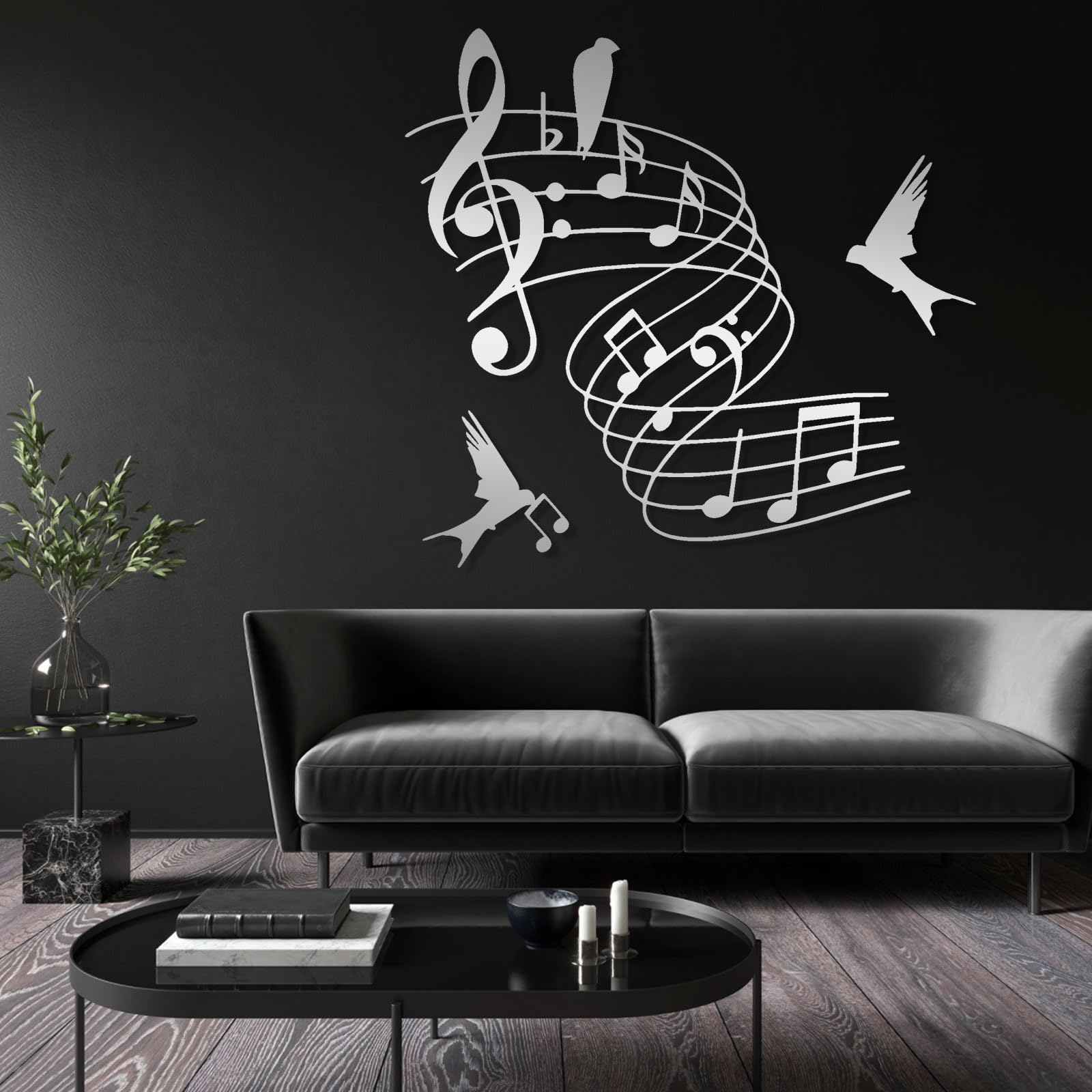 Decoración de pared abstracta contemporánea de metal con motivos musicales y de pájaros, arte musical, decoración musical, arte con partituras de pájaros, letrero temático, obra de arte de estudi