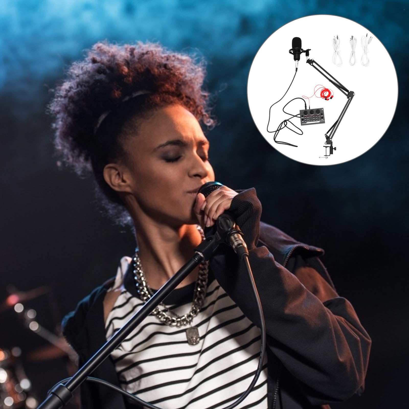 Ciieeo 11 Pezzi Kit Microfono Condensatore per Live Broadcast e Voce | Capacità 1765 Mah, Nero, Supporto a Cantilever Incluso, Metallo e Spugna-plastica