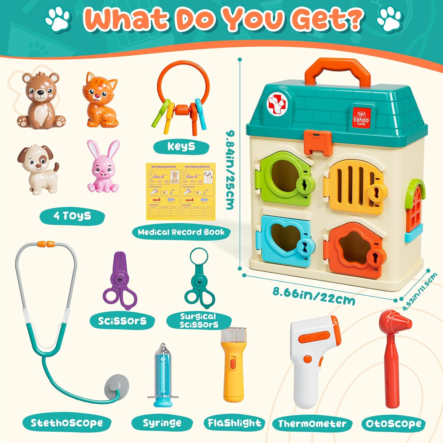 Lehoo Castle Veterinarian Playset for Kids Girls, Pretend Play Toys for Toddlers 1-3, Critter Clinic Toy with Keys, Doctor Kit for Toddlers 3-5 Pet Vet Toys, Gifts for 3 4 5 + Year Old Girl Boys