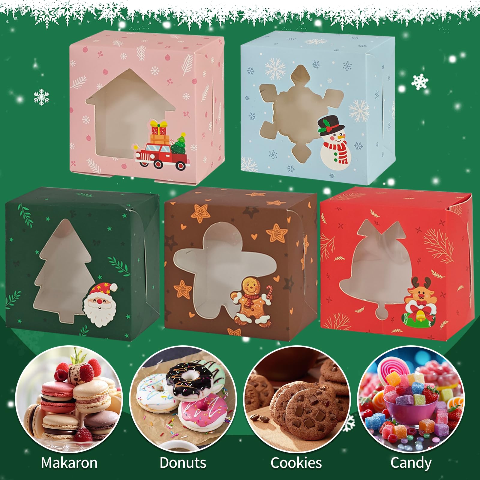 Gute 25 Stück Weihnachts Kekskästen Boxen,Weihnachten Geschenkbox,Keksschachtel Weihnachten Karton mit fenster,Cupcake Boxen,Weihnachten Verpackung für Bäckerei Gebäck,10x10x6cm,5 Stile