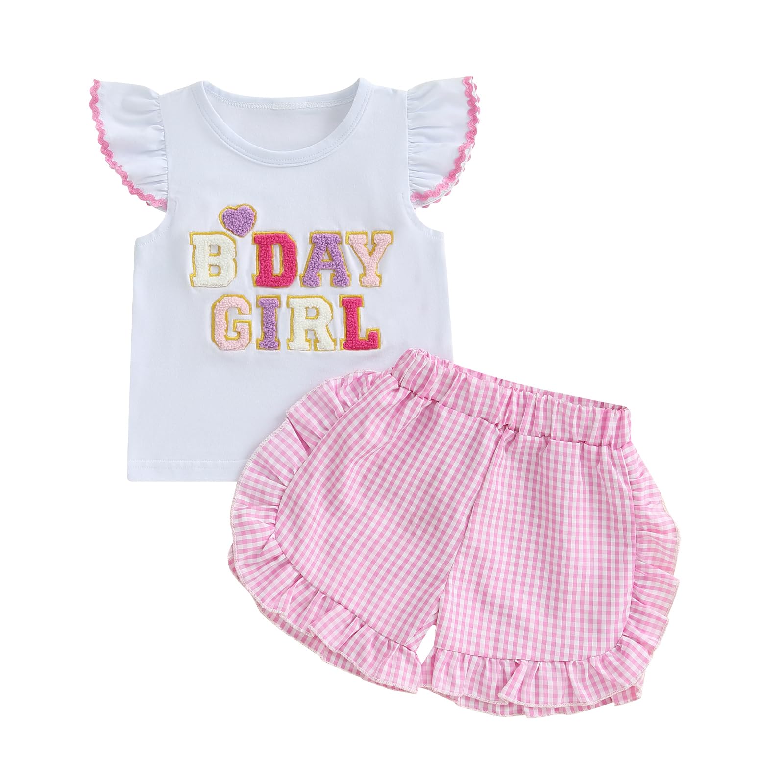 Toddler Birthday Girl Outfit Birthday Girl Letter Embroidery Flutter Sleeve Shirt Top Ruffle Plaid Short Summer Set (Pink, 12-18 Months)