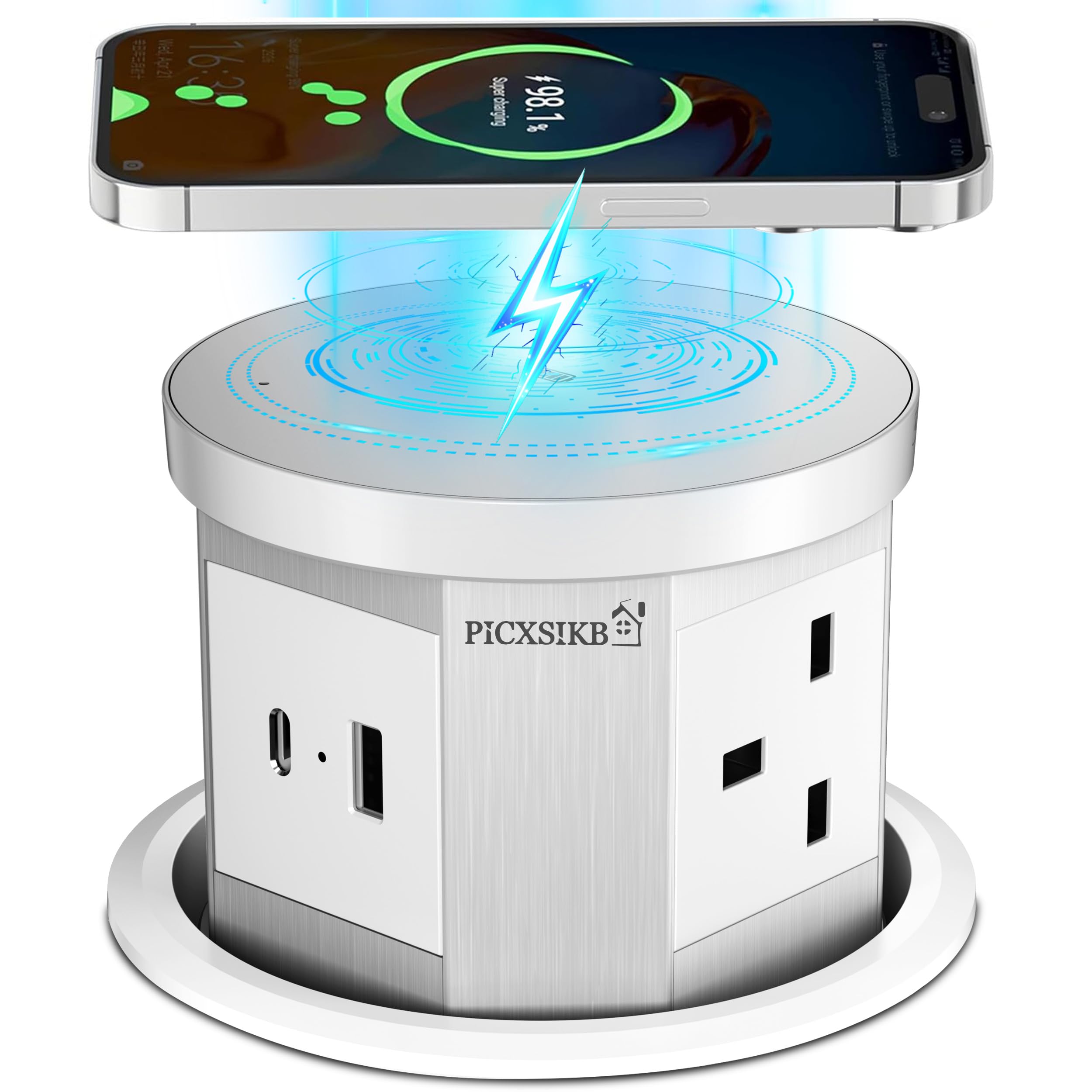 Pop Up Socket for Worktop, 4.33 Inch Automatic Hidden Power Socket with 15W Wireless Charger, 3 AC Sockets, USB-A & USB-C, for Kitchen, Office & Home (White)