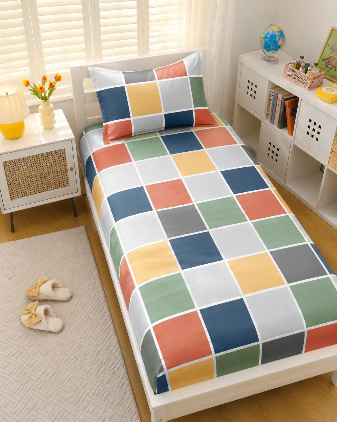Multicolour Checkered Bedsheet Set, Single Bed, with 1 Pillow Cover, Geometric Block Print-image-30