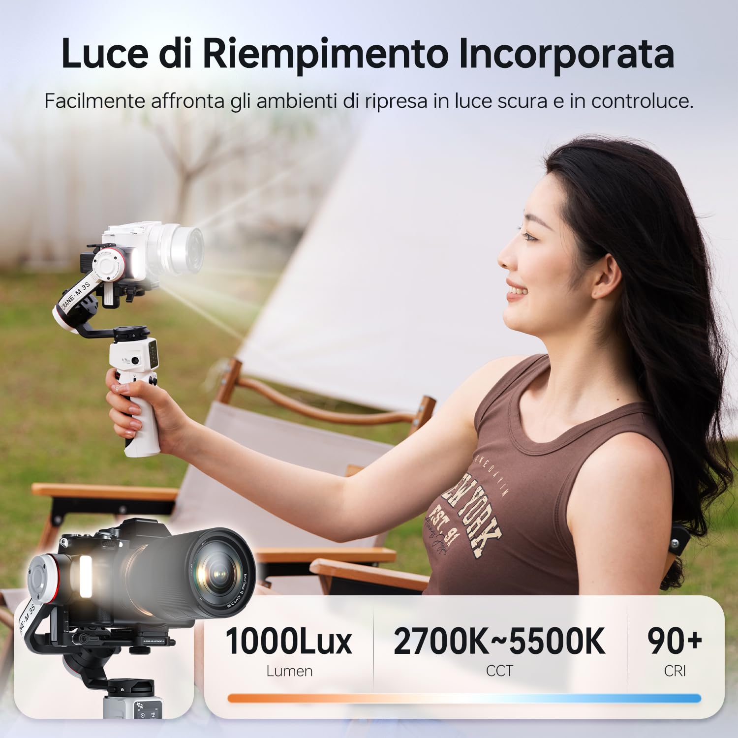 ZHIYUN Crane M3S [Ufficiale] Stabilizzatore Fotocamera a 3 Assi, con Luce di Riempimento Incorporata, Gimbal Fotocamera Leggera, 705g, per Videocamere Micro Single, Reflex