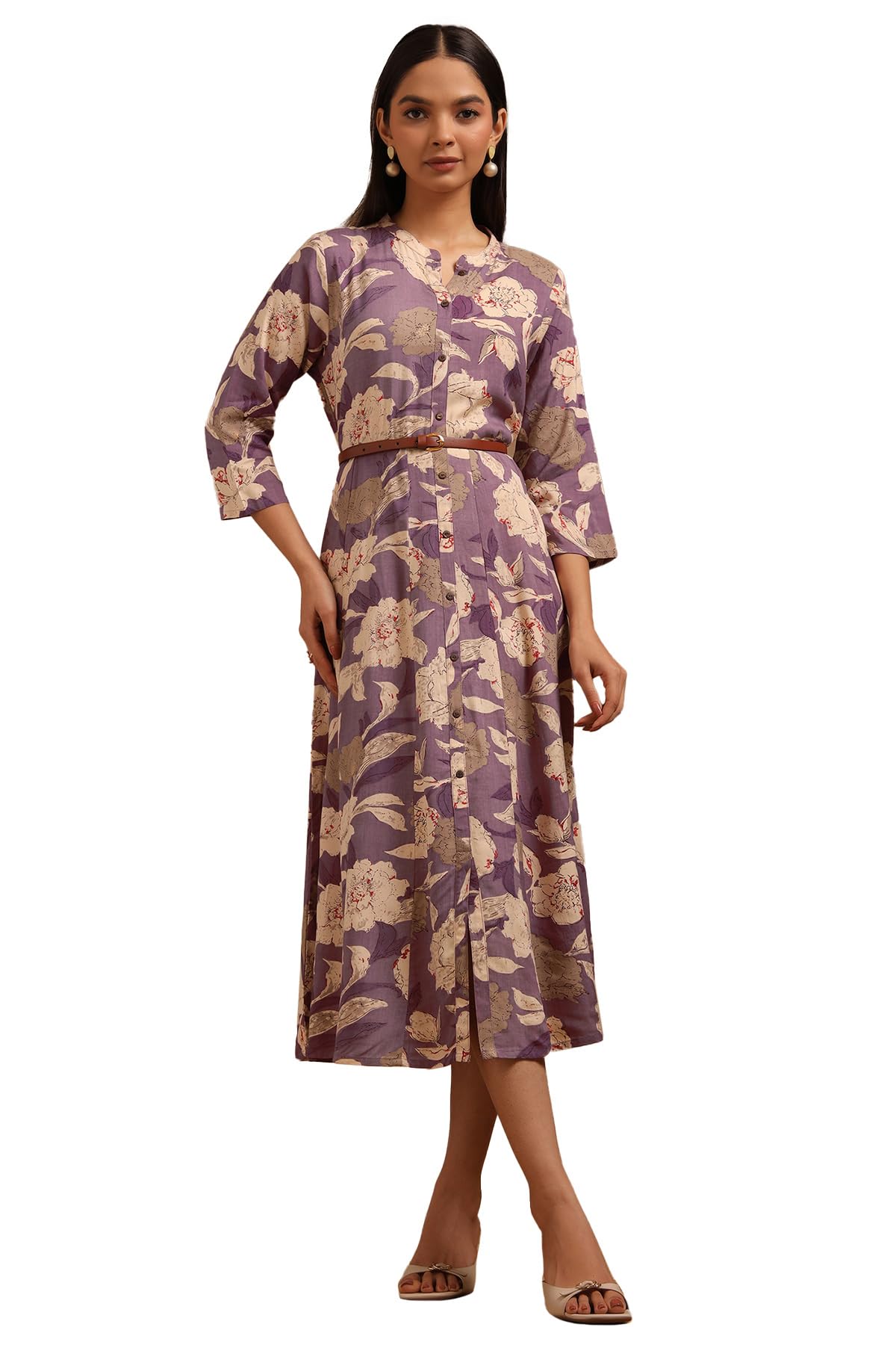 Womens Purple Rayon Floral Print Dress-image-28