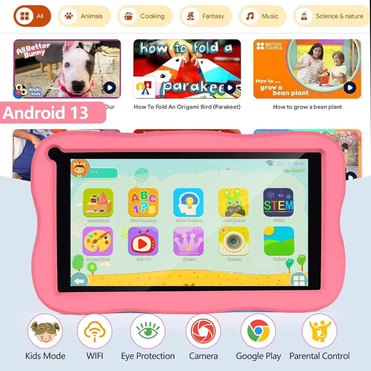SUMTAB Tablet Bambini 7 Pollici con Controllo Parentale, Android 13 Tablette, 8 GB RAM 64GB ROM (256 GB Estensione) Bluetooth, WiFi,Tablet per Bambini con Custodia(Rosa)