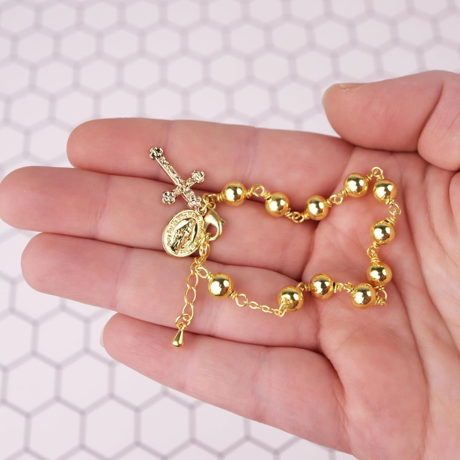 Needzo Gold Tone First Communion Rosary Bracelet, Beaded Chain with Cross and Miraculous Medal Charms, Catholic Religious Gift Keepsake for Eucharist or RCIA - Image 2